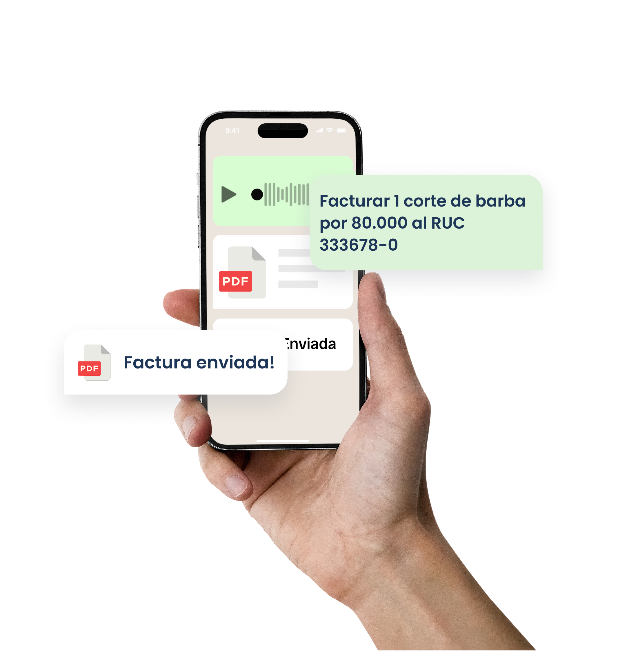 Mano con celular: facturar por mensaje de voz y recibir la factura PDF enviada